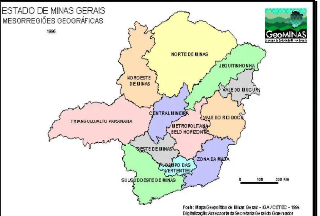 FIGURA  01:  Mapa  do  estado  de  Minas Gerais,  apresentando  as  mesorregiões