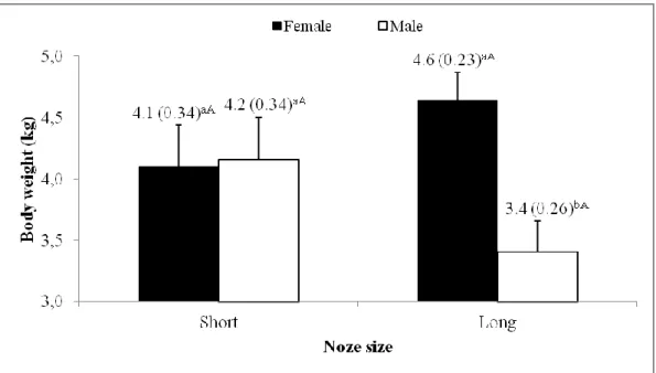 Figure 3. Schematic representation of the interaction between nose size and sex on the weight of domestic  cats  (P=0.0391)
