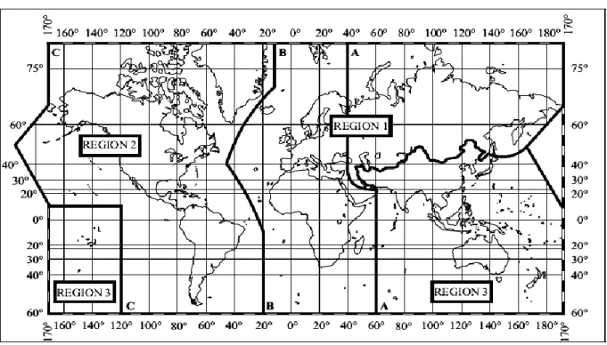 Figura 2.1 -  Mapa mundi planisférico da divisão regional das radiofrequências da ITU-R[7] 