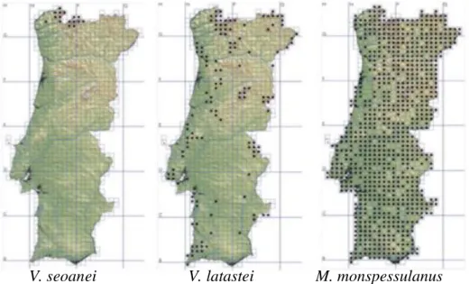 Figura  2  -  Distribuição  geográfica  das  três  espécies  de  cobras  venenosas  em  Portugal  (adaptado de Loureiro, Almeida, Carretero, &amp; Paulo, 2008) 