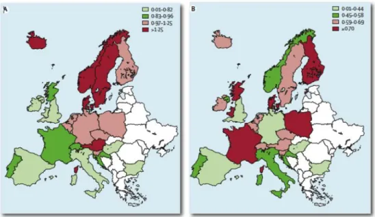 Figura 11. Prevalência europeia de nascimentos por 1000 nascimentos vivos de FL/P não sindrómicas