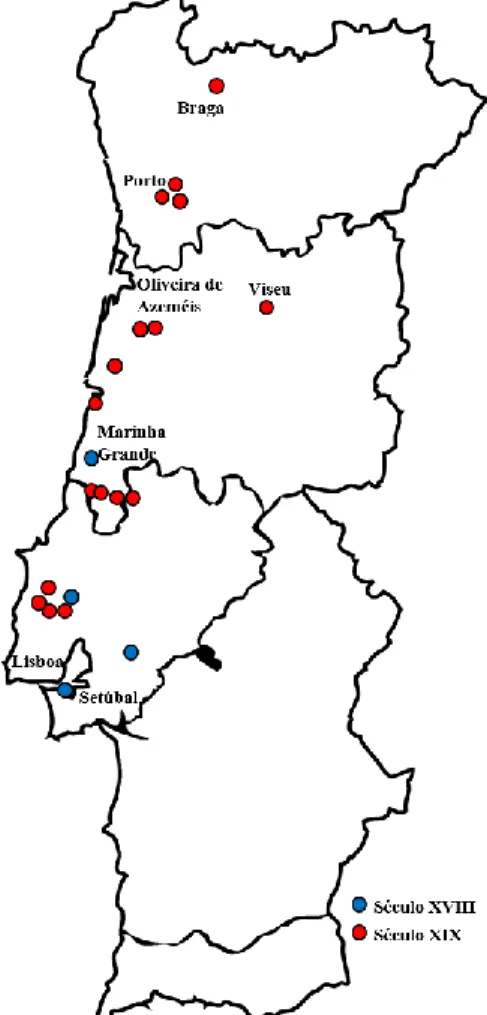 Figura 1.1 Localização das vidrarias em  Portugal nos séculos XVIII e XIX 