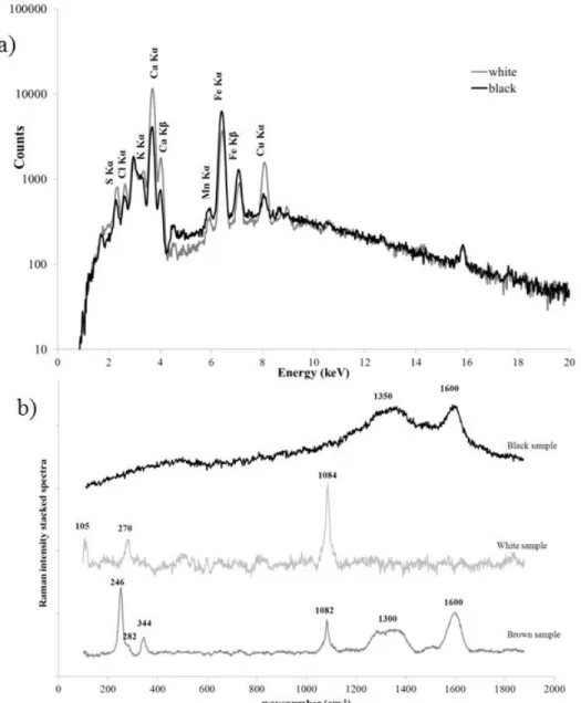 Fig. 5.5.3 -a) XRF spectra obtained for white and black areas. Spectra acquired at 30 kV, 100µA during 300s