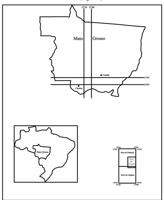 Figura 2 – Localização da área de estudo e articulação das cartas topográficas 1:100.000, BRASIL (1975)