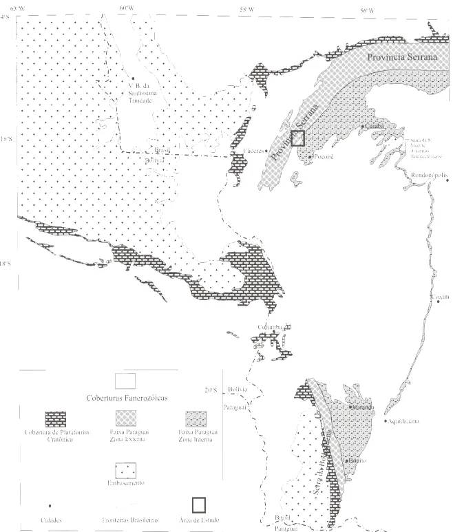 Figura 8 - Faixa Paraguai e as coberturas cratônicas adjacentes. Em destaque a área de estudo (Alvarenga e  Trompette, 1993)