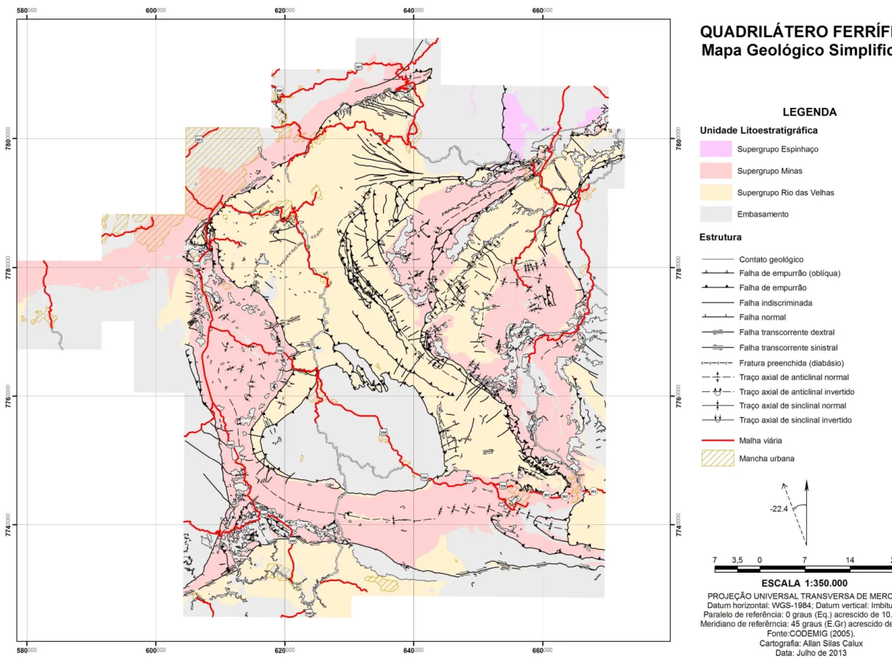 Figura 3.1 - Mapa Geológico simplificado do Quadrilátero Ferrífero. Fonte: Codemig (2005)