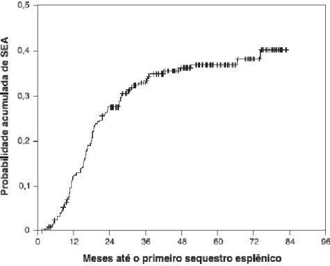Figura  5  -  Curva  de  probabilidade  de  ocorrência  do  primeiro  episódio  de  SEA,  conforme o tempo de exposição individual em uma população de crianças triadas pelo  PETN-MG e acompanhadas no HBH da Fundação HEMOMINAS (Método de  Kaplan-Meier) 