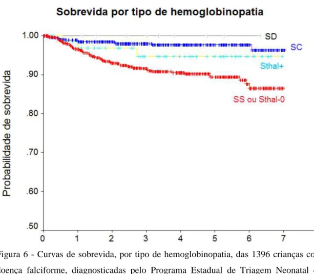 Figura 6  -  Curvas  de sobrevida, por tipo de hemoglobinopatia, das  1396  crianças  com  doença  falciforme,  diagnosticadas  pelo  Programa  Estadual  de  Triagem  Neonatal  de  Minas Gerais entre março de 1998 e fevereiro de 2005 (método de Kaplan-Meie