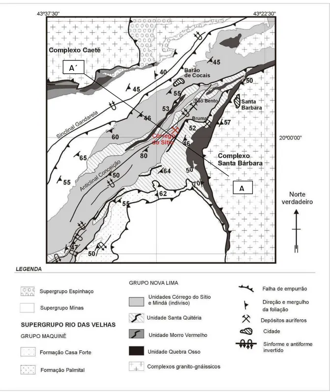 FIGURA 2.3  – Mapa geológico da Porção Nordeste do Quadrilátero Ferrífero   Fonte: modificado de Lobato et al