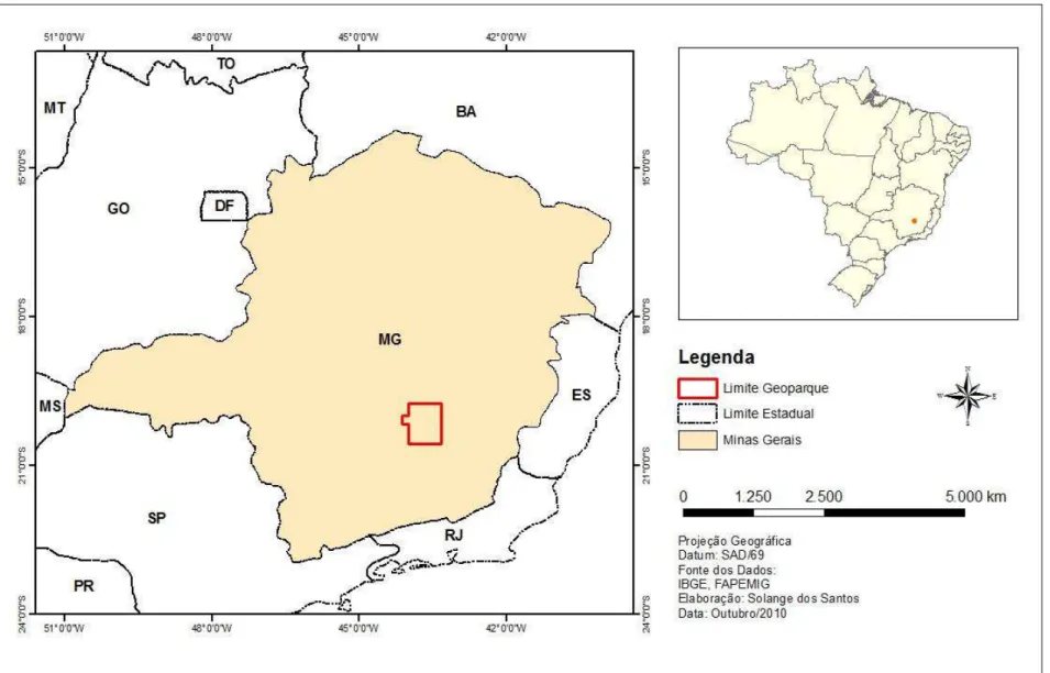 FIGURA 1  – Localização do Geoparque do Quadrilátero Ferrífero no estado de Minas Gerais 