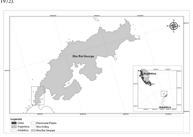Figura  2.1:  Mapa  ilustrativo  da  região  estudada,  Ilha  Rei  George,  destacando  a  Península Fildes e Ilha Ardley