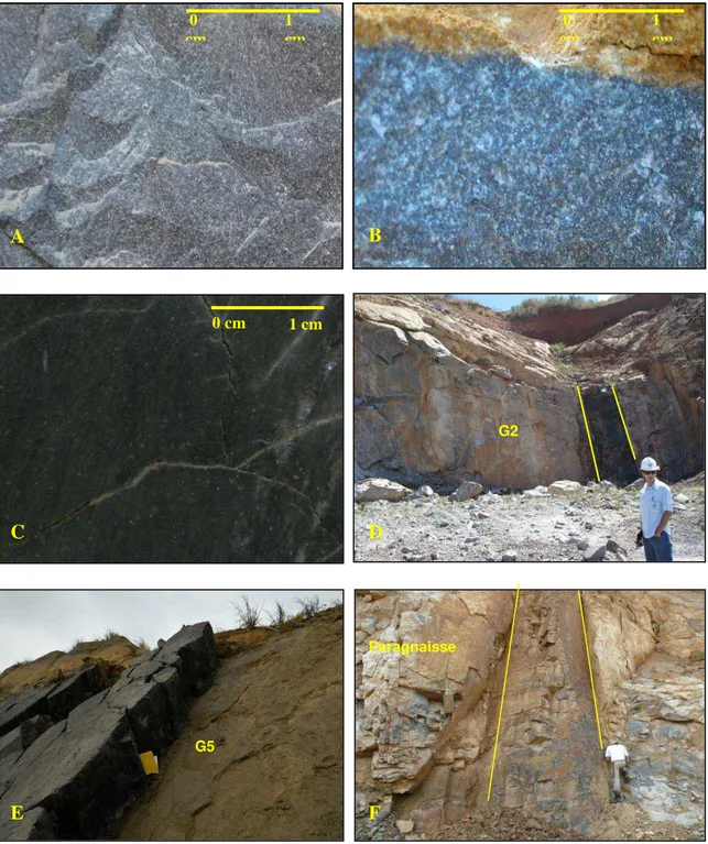 Figura  6.  Fotos  de  afloramentos  de  rochas  máficas  da  Suíte  Fundão.  A.  amostra  JB13  (diabásio 