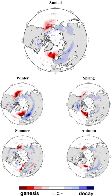 Fig. 1.13 Climatologically preferred blocking genesis and decay locations for the period 1950-2012