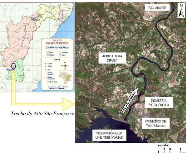 Figura 4.1: Foto satélite de trecho do Alto Rio São Francisco, da Represa de Três  Marias ao Rio Abaeté com indicação simplificada das principais atividades  geradoras de impacto nas águas do Rio São Francisco