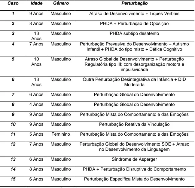 Tabela 2 - Tabela síntese dos casos acompanhados e respetiva idade e perturbações 