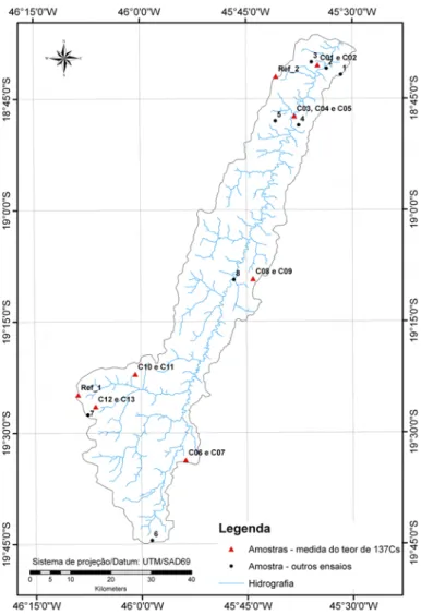 Figura 3.5 - Localização dos pontos de coleta de amostras de solos na bacia.  