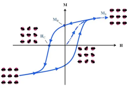 Figura  2.2:  Exemplo  de  curva  de  histerese  para  materiais  ferro-  e  ferrimagnéticos  com  detalhes  da  organização  dos  momentos  de  dipolos  para  atingir  a  magnetização  de  saturação  (nos  extremos  da  curva)
