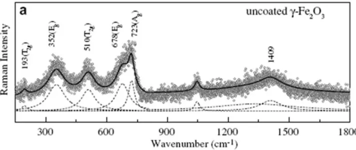 Figura 3.4 Espectro Raman para nanopartículas de maguemita com os respectivos modos vibracionais