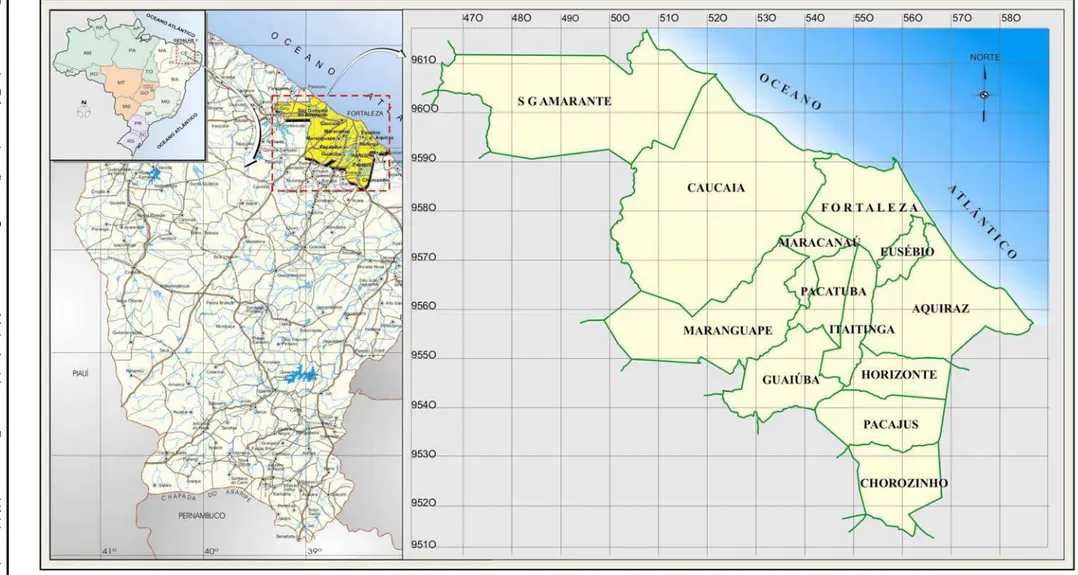 Figura 4.1 -  Localização da Região Metropolitana de Fortaleza ( RMF ) e distribuição dos municípios integrantes