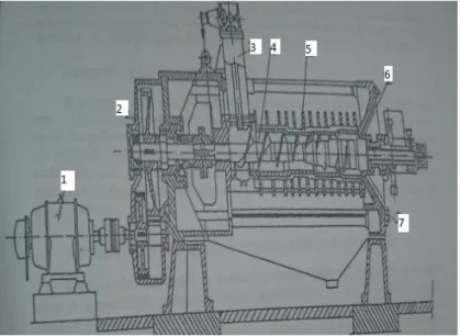 Figura  2:  Esquema  de  uma  prensa  mecânica  contínua.  1)  Motor  elétrico,  2)  Redutor,  3)  Entrada de semente, 4) Rosca helicoidal, 5) Cesto, 6) Cone de saída, 7) Saída da torta