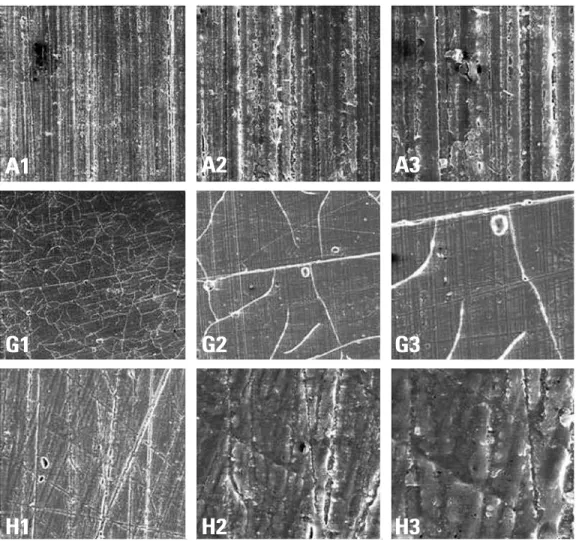 FIGURE 8 - Acrylic resin surface topography. A = Group 1 (Control), G = Group 11 (Monomer), H = Group 13 (Plastic Surface  Conditioner).