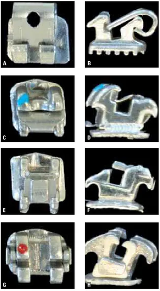 FIGURE  1  -  Self-ligating  brackets  tested  in  this  study:  Time  2 ®   in  (A)  front and (B) lateral view; In-Ovation R ®  in (C) front and (D) lateral view; 