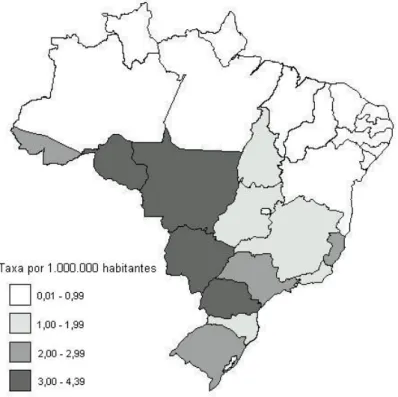 Figura 5. Taxa de mortalidade por paracoccidioidomicose no Brasil, 1980-1995. (IBGE; DATASUS/MS).