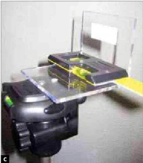 Figure 1 - Image capture: A) Positioning participant in head holder (cephalostat) and capturing  image with acrylic calibration plate, B) capturing posed smile, C) acrylic plate used for calibration  of image with bubble level