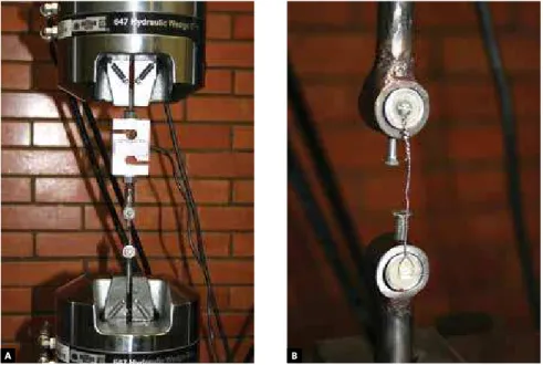 Figure 10 - A) Universal testing machine MTS  810 Material Test System B) Moments before  rupture of the adhesive bond of the  ceramic/com-posite interface.