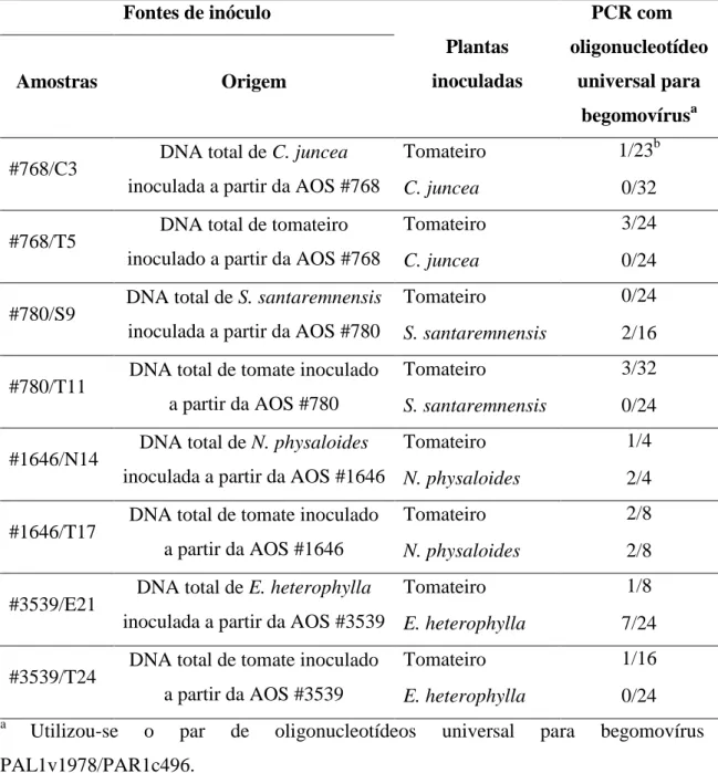 Tabela  5.  Detecção  de  begomovírus,  por  reação  em  cadeia  da  polimerase  (PCR),  em  plantas invasoras  e de tomate após a segunda inoculação dos isolados virais, presentes  em  fontes  de  inóculo  provenientes  de  plantas  invasoras  e  de  toma