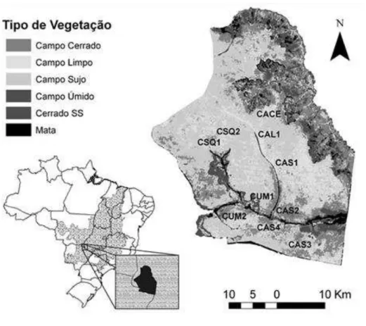 Figura  1:  Localização  e  tipos  de  vegetação  do  Parque  Nacional  das  Emas,  Goiás,  Brasil