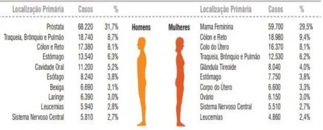 Figura 1: Distribuição proporcional por sexo dos dez tipos de câncer mais incidentes no ano de 2018