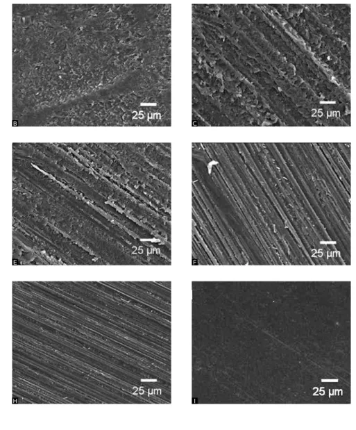 Figure 1 - Surface morphology of acrylic resin discs analyzed through secondary electrons in scanning  electron microscopy: (A) No treatment; (B) Multilaminated burs; (C) Wood sandpaper 150; (D) Wood  sandpaper 180; (E) Wood sandpaper 220; (F) Water sandpa