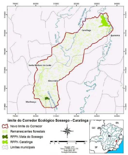 Fig. 1: Mapa de localização e limites do Corredor Sossego-Caratinga, Minas Gerais, sudeste do Brasil (Fonte: modificado de Fundação Biodiversitas).