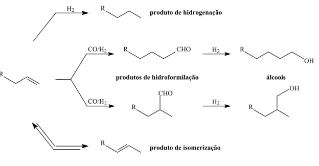 Figura 6: Reação de hidroformilação, reações secundárias e paralelas. 