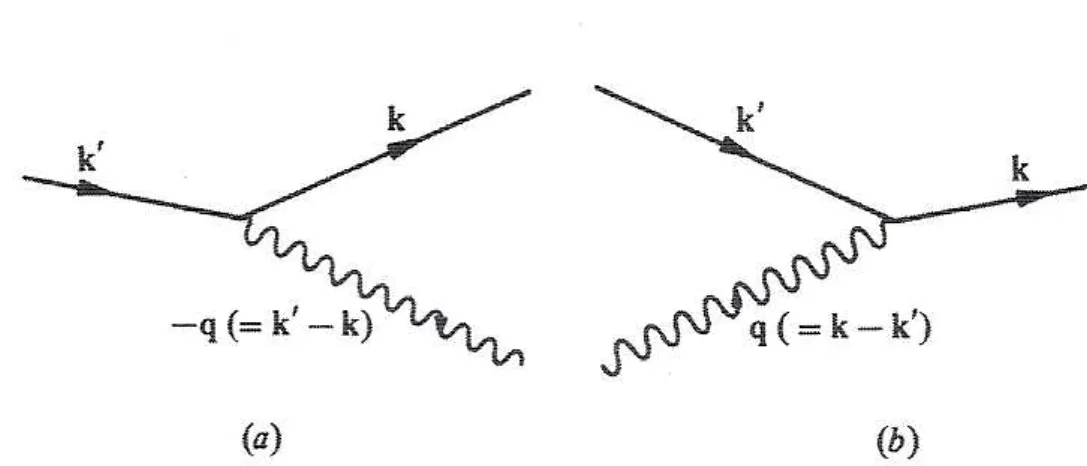 Figure 1.11: Diagrams representing the interaction terms in the Frohlich Hamiltonian. The electron is scattered from state ~k ′