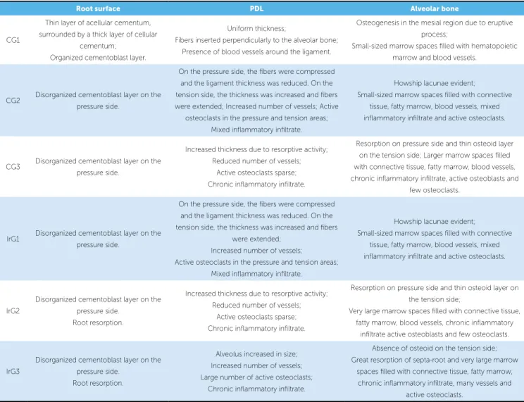 Table 3 - Qualitative analysis of cellular and tissue reactions in the periodontium. 