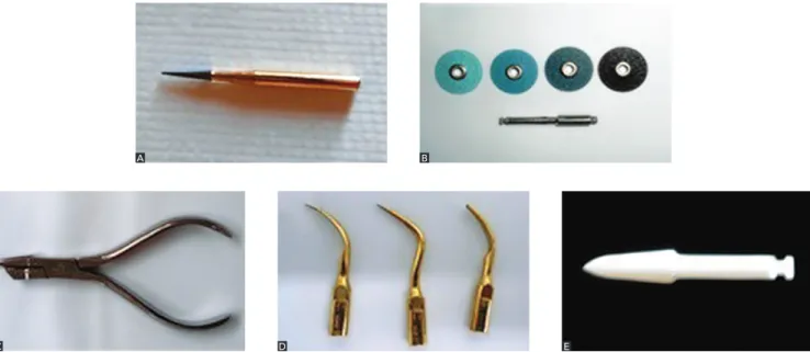 Figure 2 - Adhesive remnant removal methods: A)  High speed tungsten carbide drill (TCB); B) Sof-Lex discs (SL); C) Adhesive removing plier (PL); 