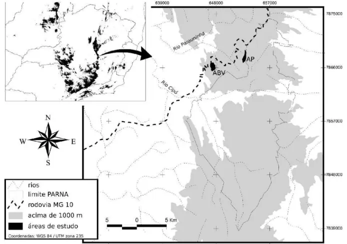 Figura 2. Localização das duas áreas de estudo próximas ao limite do Parque Nacional (PARNA) da Serra  