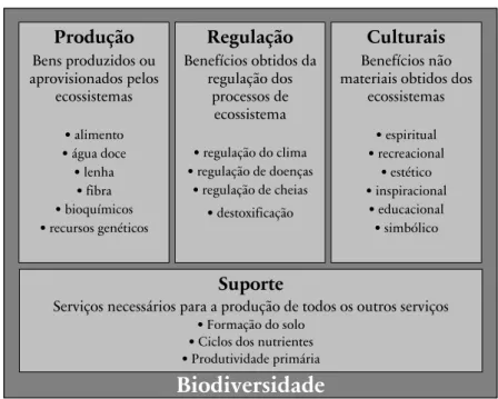 Figura 13 – Serviços prestados pelos ecossistemas, segundo o  quadro de referência estabelecido no Millennium Ecosystem  Assessment (Pereira et al