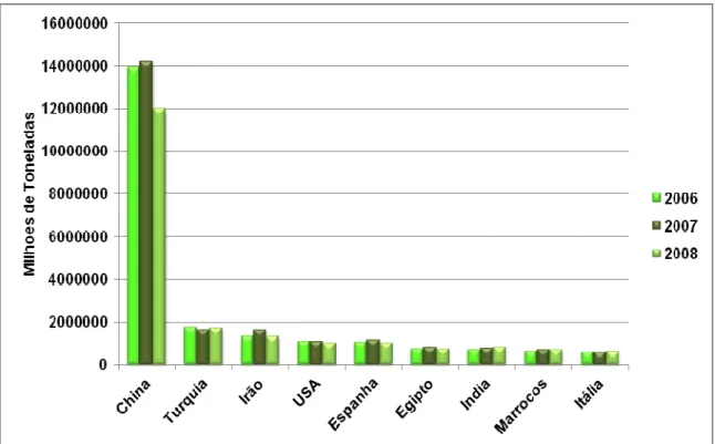 Figura 1 - Principais países produtores de melão no mundo (FAOSTAT, 2006 a 2008) 