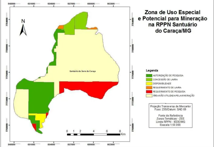Figura 3 - Mapa de áreas que são utilizadas pela mineração na RPPNSC 
