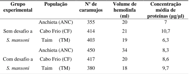 Tabela 5 Quantidade de caramujos obtidos para os experimentos,  volume de  hemolinfa recuperado em  cada população por grupo experimental e concentração média de proteínas