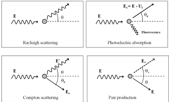 Fig. 2.3. Schematic diagrams of the main interaction processes of the photons with matter: Rayleigh scattering, Photoelectric effect, Compton scattering and Pair production.