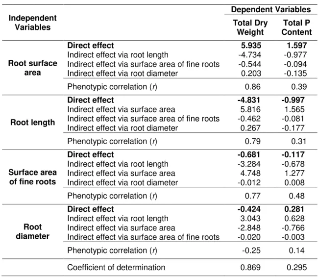 Table  2  Path  analysis  showing  the  partitioning  of  the  phenotypic  correlations  into  direct and indirect effects of root traits on total seedling dry weight and P content 