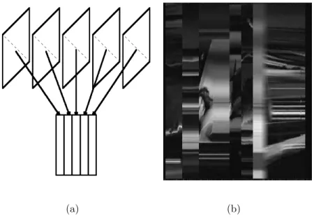 Figure 3.2: Video transformation: (a) simplification of the video content by transforma- transforma-tion of each frame into a column on VR; (b) a real example of the principal diagonal sub-sampling.
