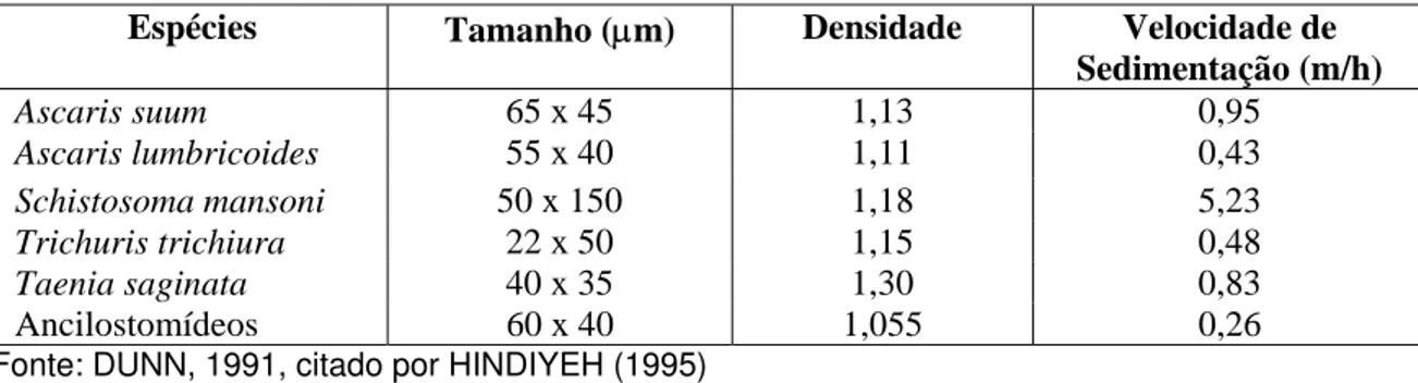 Tabela 4.6 - Tamanho, densidade e velocidade de sedimentação de algumas espécies de  ovos de helmintos 