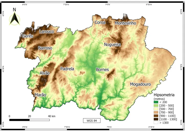 Figura 16 – Altitude da área de estudo, com as principais serras identificadas (ASTER, 2019)