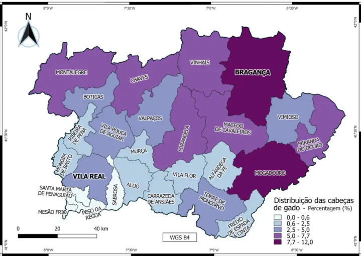 Figura 28 – Distribuição média, entre 1989 e 2009, das cabeças de gado, por município (INE, 2019).