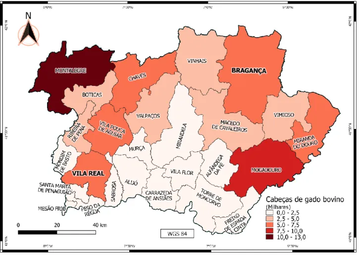 Figura 29 – Número médio de cabeças de gado bovino por município, entre 1989 e 2009 (INE, 2019).